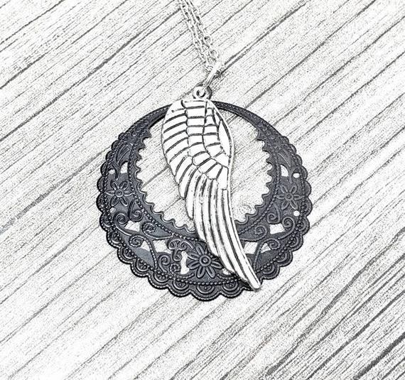 Silver Angel Wing Pendant Black Filigree Pendant Necklace - Etsy .