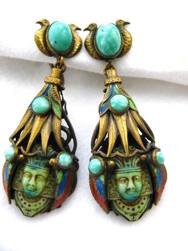 ART DECO NEIGER EGYPTIAN REVIVAL EARRINGS CZECH TUTANKHAMEN 1920s .