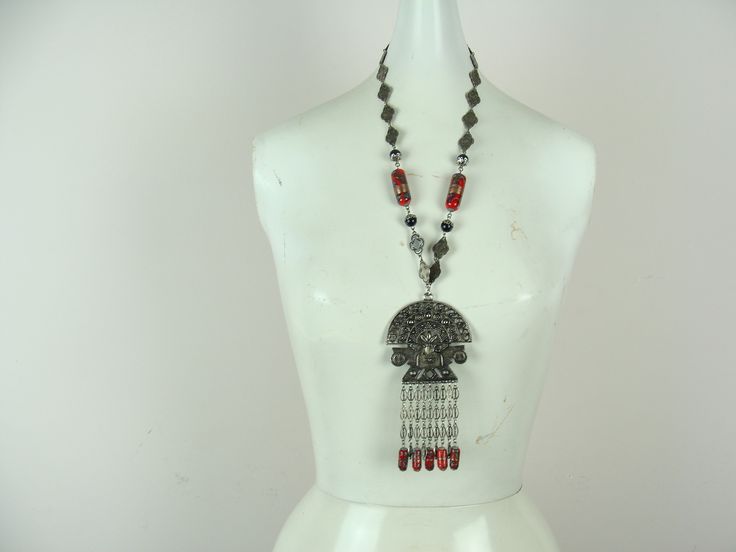 Vintage Tribal Necklace 80s Large Pendant Face Fringe Beads - Etsy .