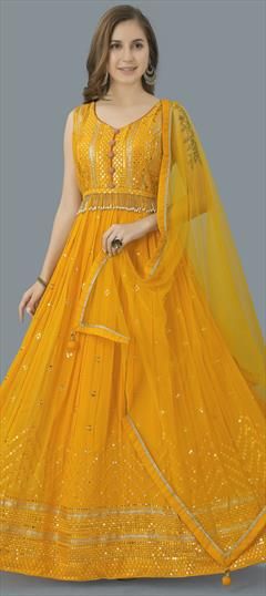 Georgette Reception Gown in Yellow with Thread work in 2023 .