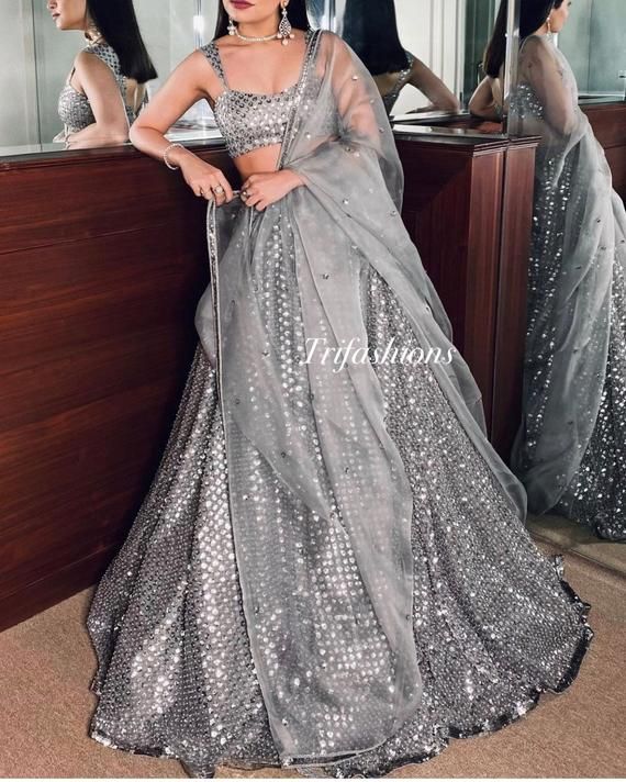 Gray Sequins Mirror Work Lehenga Choli Indian Party Wedding - Etsy .